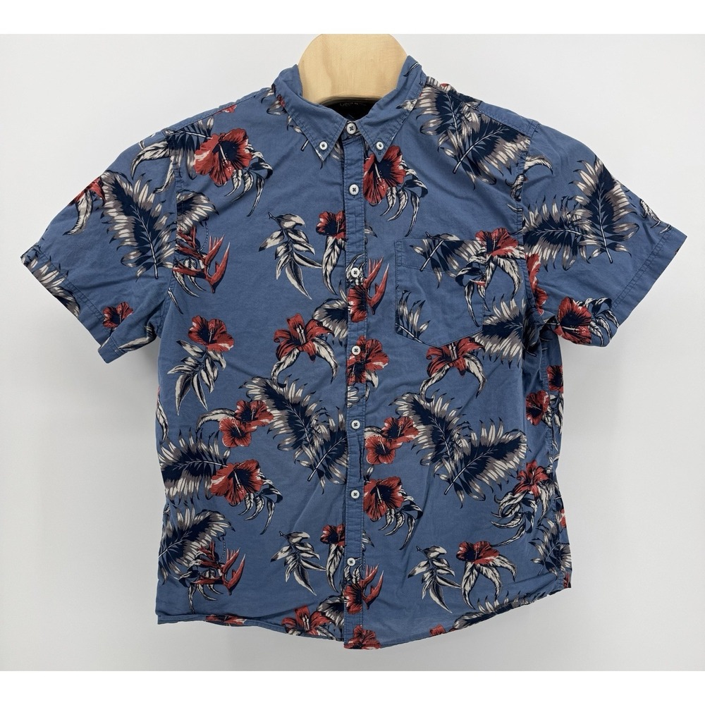 George Hawaiian Shirt Men's Size L Cotton Relaxed Fit Blue Floral Tropical Aloha